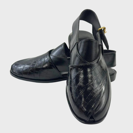 Black Croc-Textured Peshawari Chappal